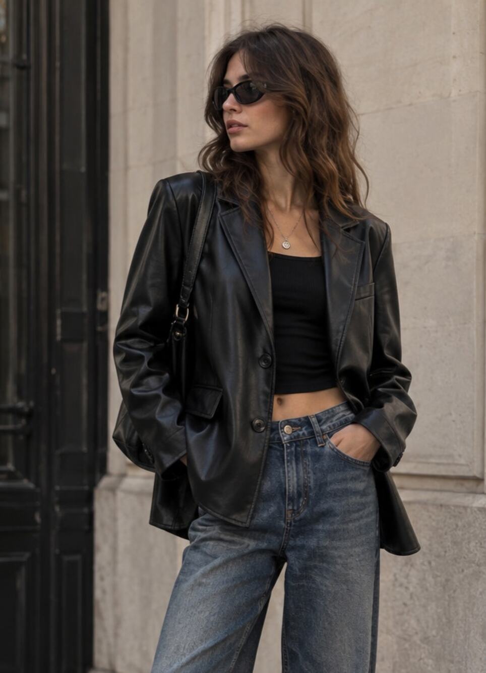 Urban Outfitters UO Jules Faux Leather Blazer Jacket Black XS Oversized 90s